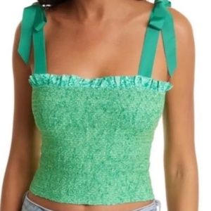 Alice + Olivia Penelope smocked cropped top, green, crepe, small